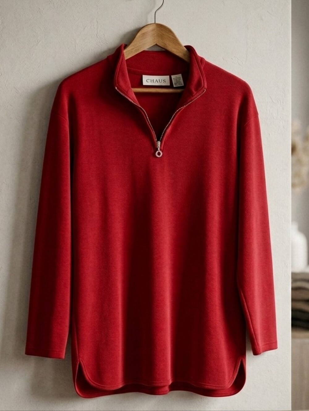 Chaus Vintage Retro Casual Red Quarter-Zip Mock Neck Pullover Sweater Size Large